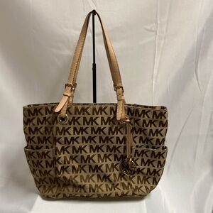 Michael Kors Monogram MK Signature Canvas Side Pocket Tote Tan/Brown